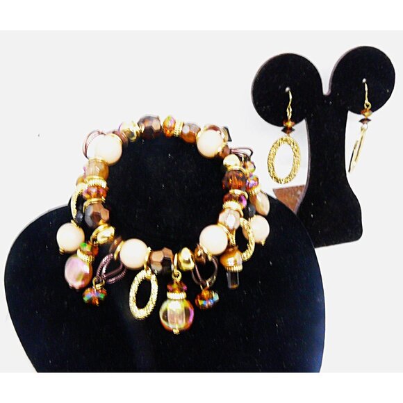 Vintage Charm Bracelet & Earring Set - Beaded Gold Tone Iridescent Accents - Picture 2 of 3